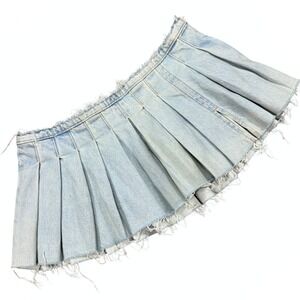 Zara Mini Skirt Women's Small Light Blue Denim Pleated Frayed Hem Distressed
